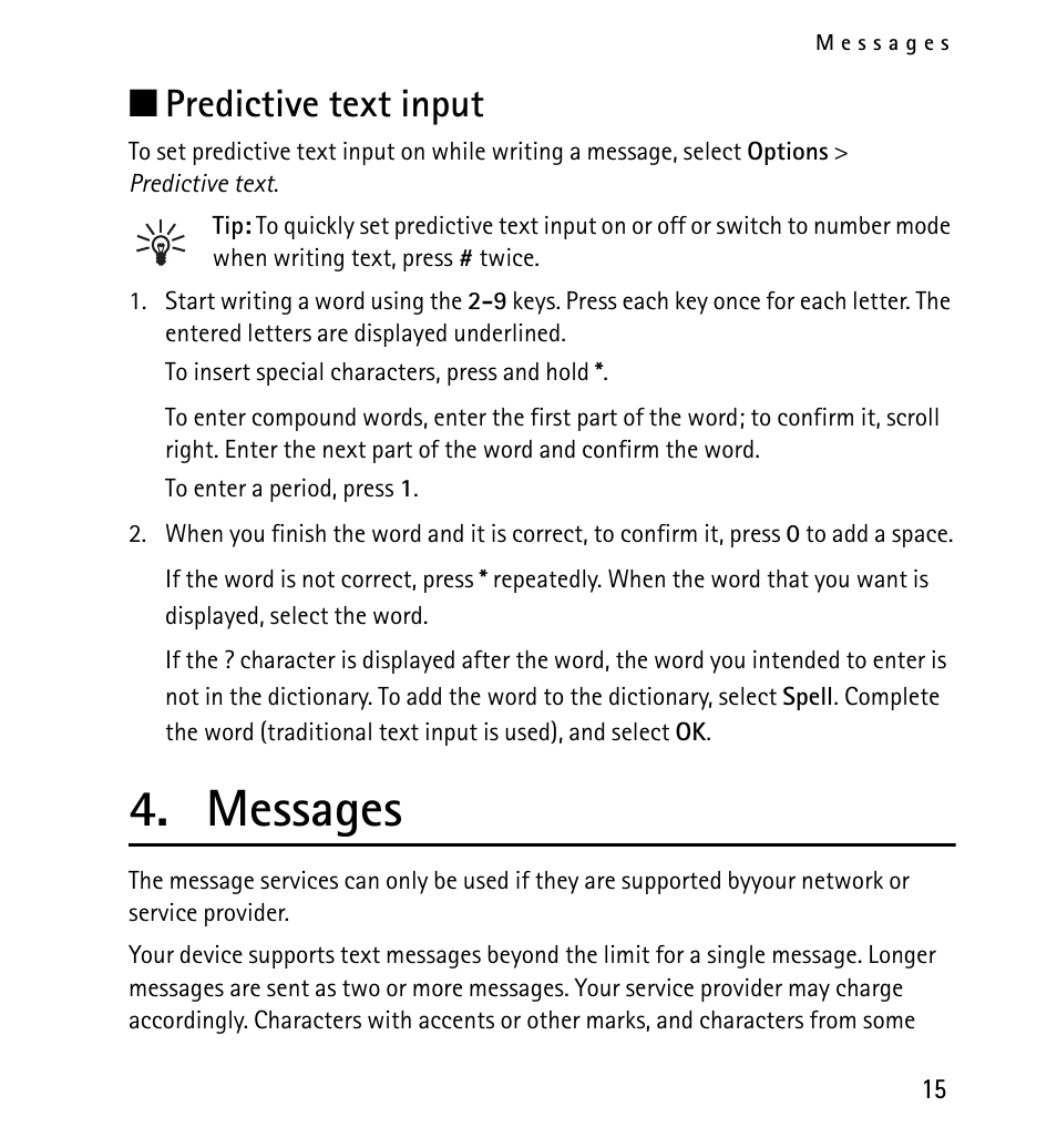 Predictive text input, Messages | Nokia 1616 User Manual | Page 15 / 28