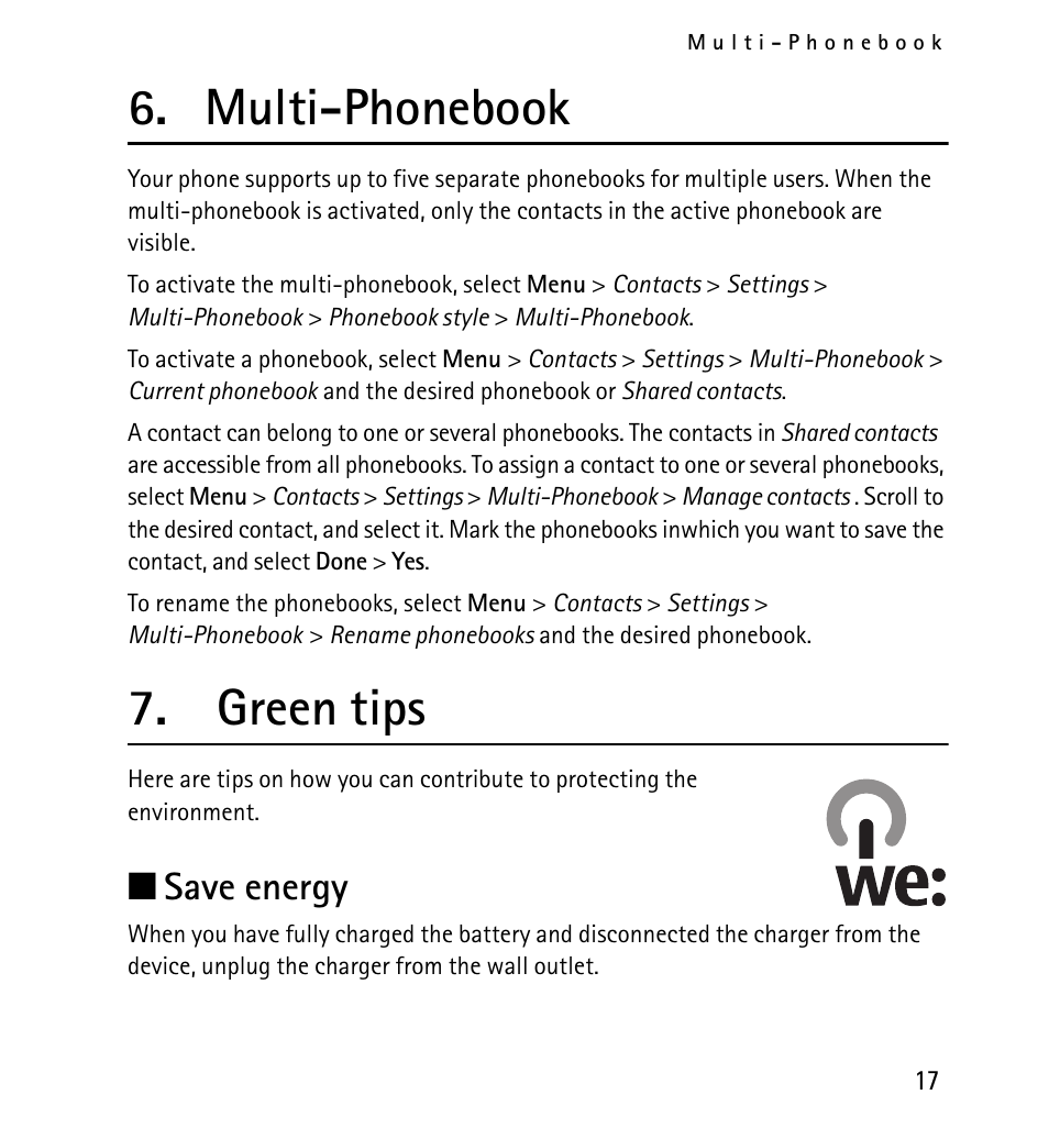 Multi-phonebook, Green tips, Save energy | Nokia 1616 User Manual | Page 17 / 28