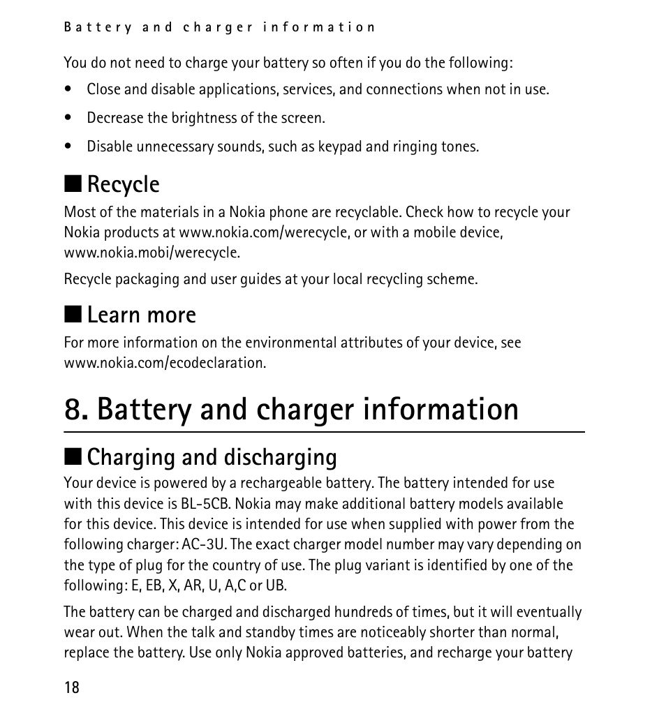 Recycle, Learn more, Battery and charger information | Charging and discharging, Recycle learn more, Battery and charger information 18 | Nokia 1616 User Manual | Page 18 / 28