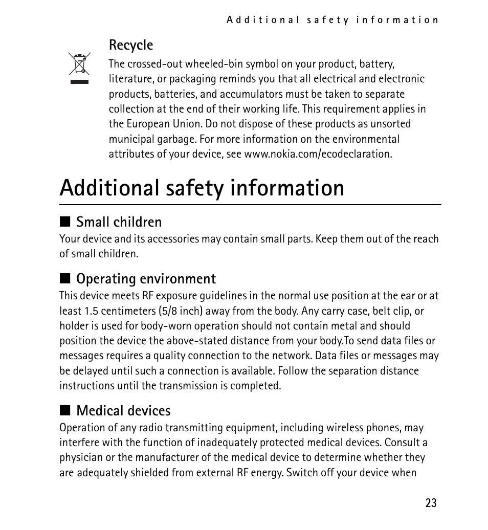 Additional safety information | Nokia 1616 User Manual | Page 23 / 28