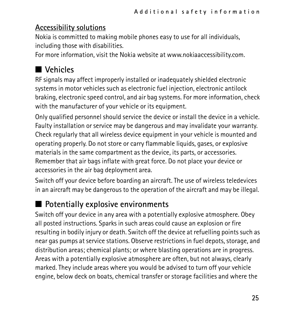 Vehicles, Potentially explosive environments | Nokia 1616 User Manual | Page 25 / 28