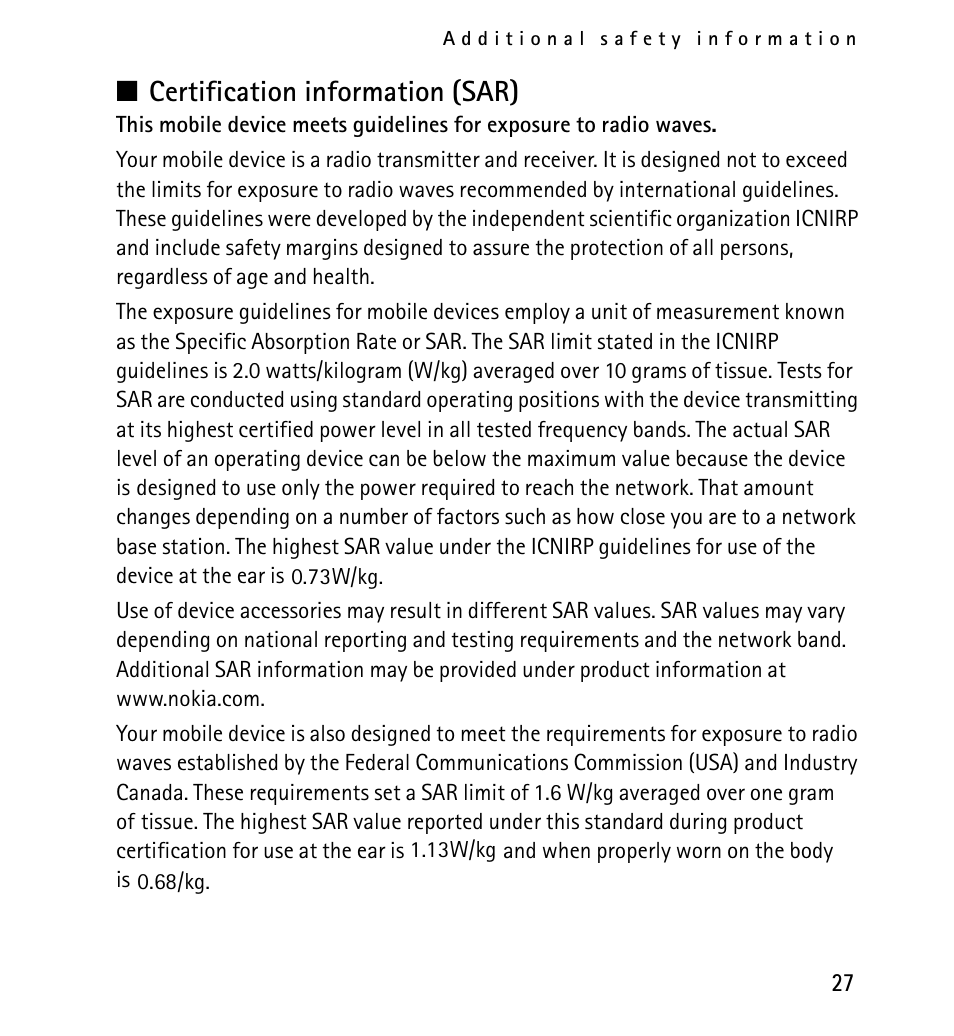 Certification information (sar) | Nokia 1616 User Manual | Page 27 / 28