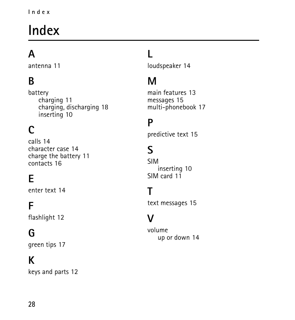 Index | Nokia 1616 User Manual | Page 28 / 28