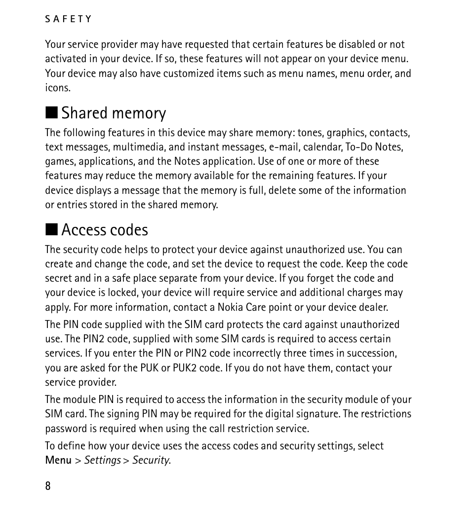 Access codes | Nokia 1616 User Manual | Page 8 / 28