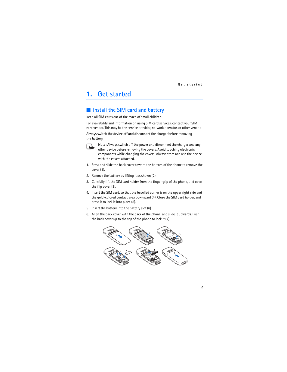 Get started, Install the sim card and battery | Nokia 2610 User Manual | Page 10 / 81