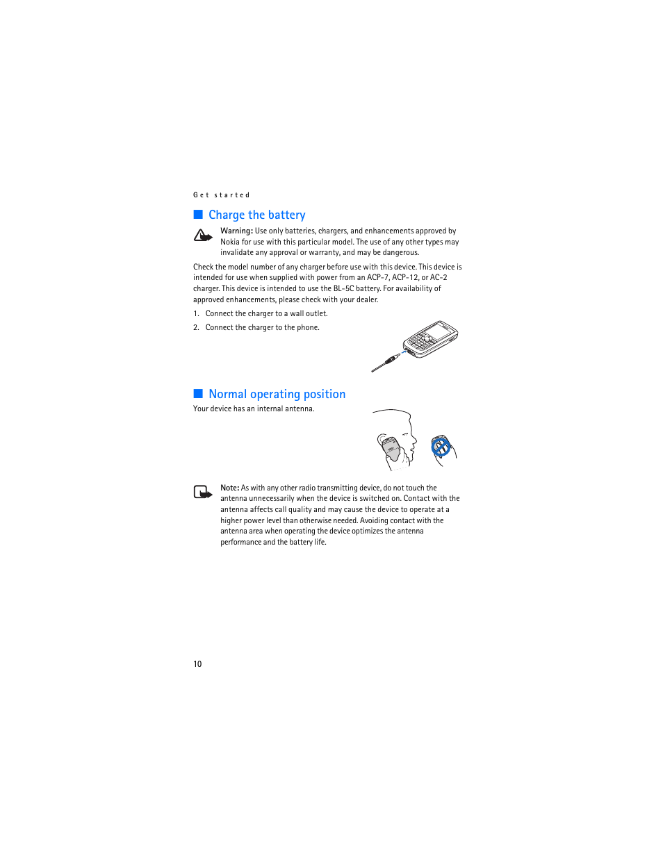 Charge the battery, Normal operating position, Charge the battery normal operating position | Nokia 2610 User Manual | Page 11 / 81