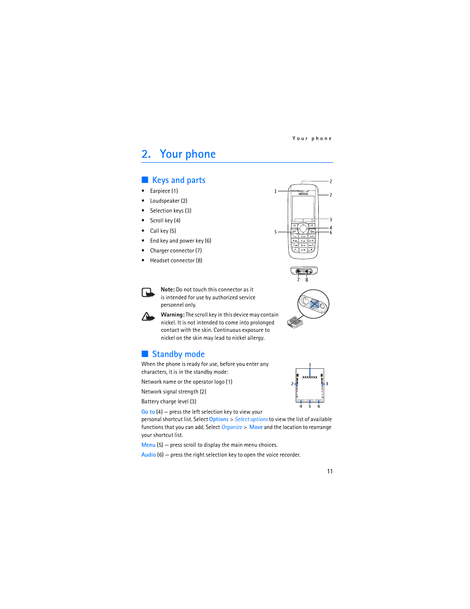 Your phone, Keys and parts, Standby mode | Keys and parts standby mode | Nokia 2610 User Manual | Page 12 / 81