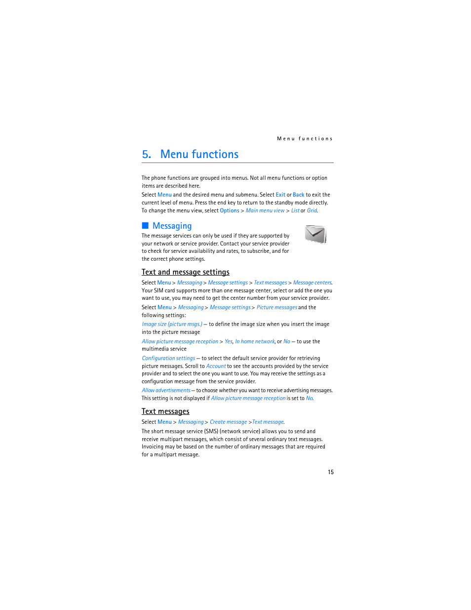 Menu functions, Messaging, Text and message settings | Text messages | Nokia 2610 User Manual | Page 16 / 81