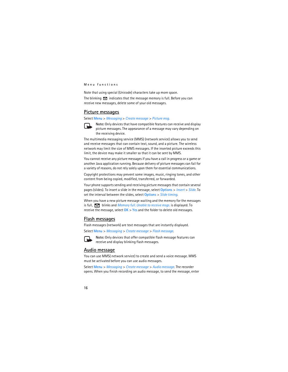 Picture messages, Flash messages, Audio message | Nokia 2610 User Manual | Page 17 / 81