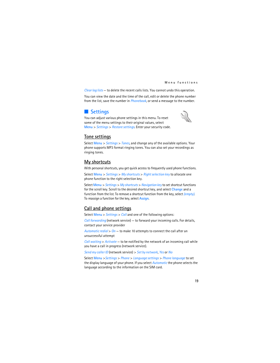 Settings, Tone settings, My shortcuts | Call and phone settings | Nokia 2610 User Manual | Page 20 / 81