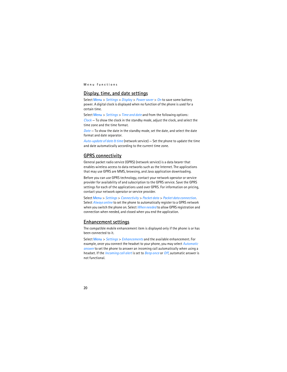 Display, time, and date settings, Gprs connectivity, Enhancement settings | Nokia 2610 User Manual | Page 21 / 81