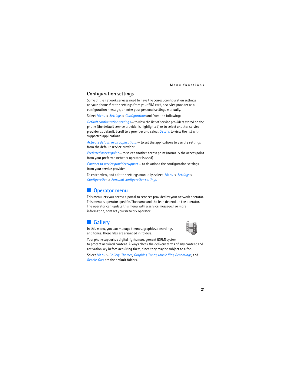 Operator menu, Gallery, Operator menu gallery | Configuration settings | Nokia 2610 User Manual | Page 22 / 81