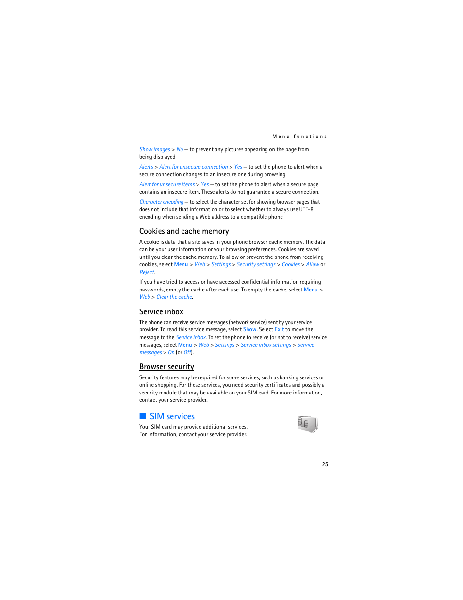 Sim services, Service inbox, Browser security | Nokia 2610 User Manual | Page 26 / 81