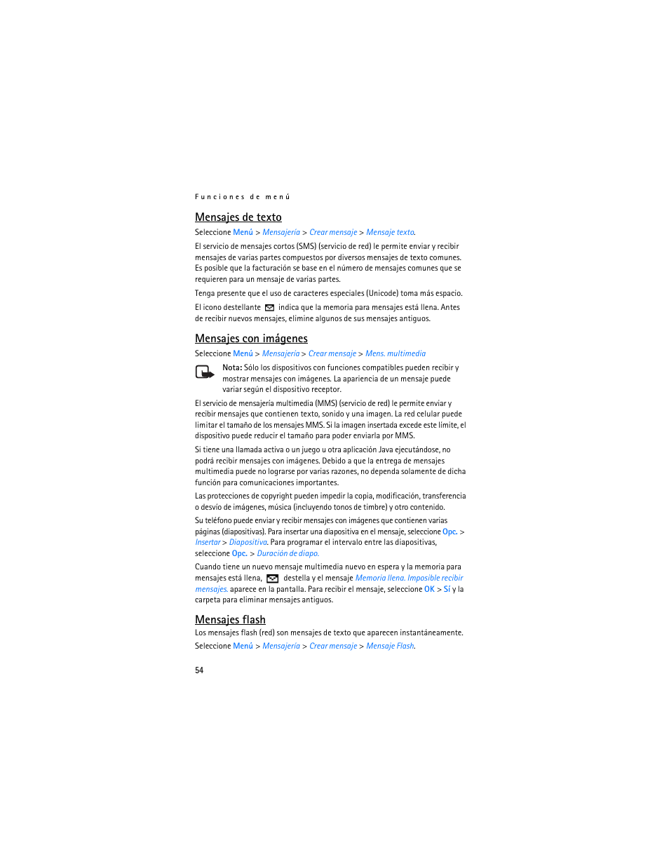 Mensajes de texto, Mensajes con imágenes, Mensajes flash | Nokia 2610 User Manual | Page 55 / 81