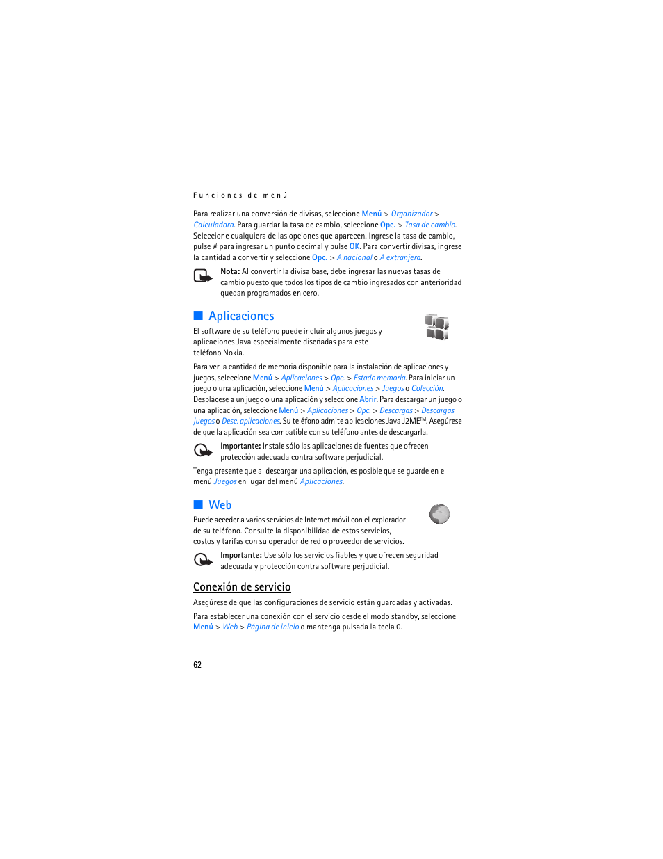 Aplicaciones, Aplicaciones web, Conexión de servicio | Nokia 2610 User Manual | Page 63 / 81