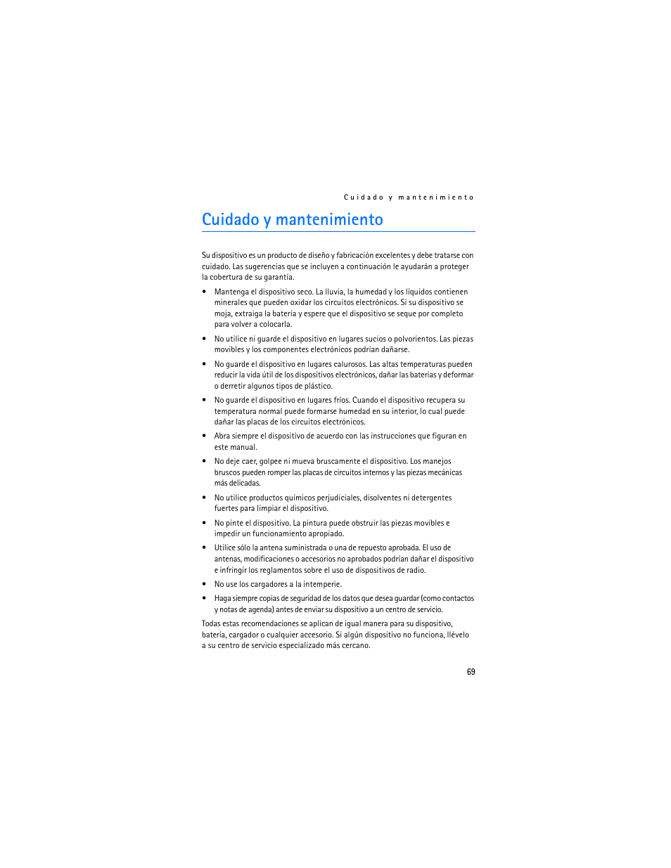 Cuidado y mantenimiento | Nokia 2610 User Manual | Page 70 / 81