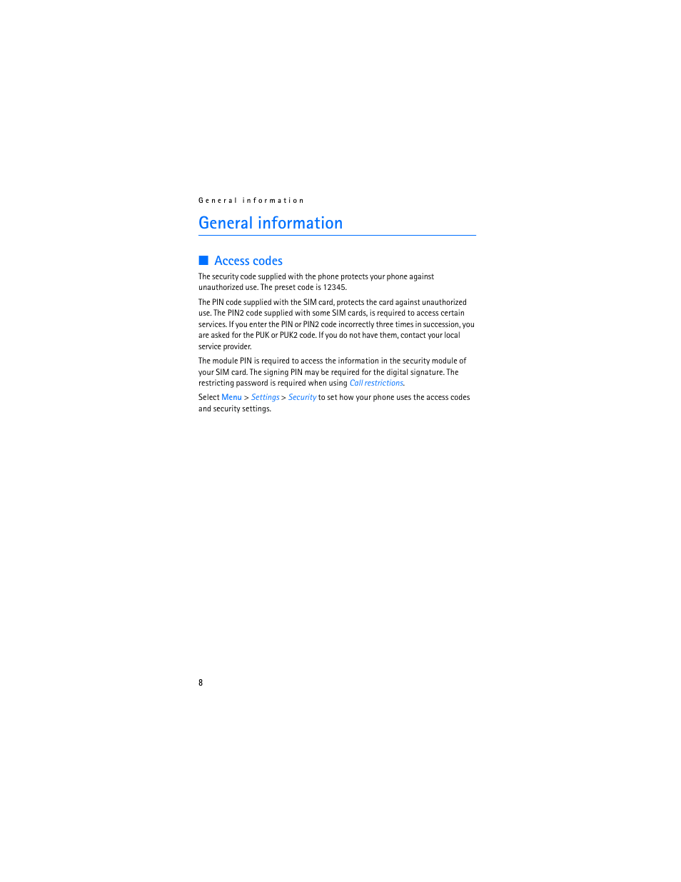 General information, Access codes | Nokia 2610 User Manual | Page 9 / 81