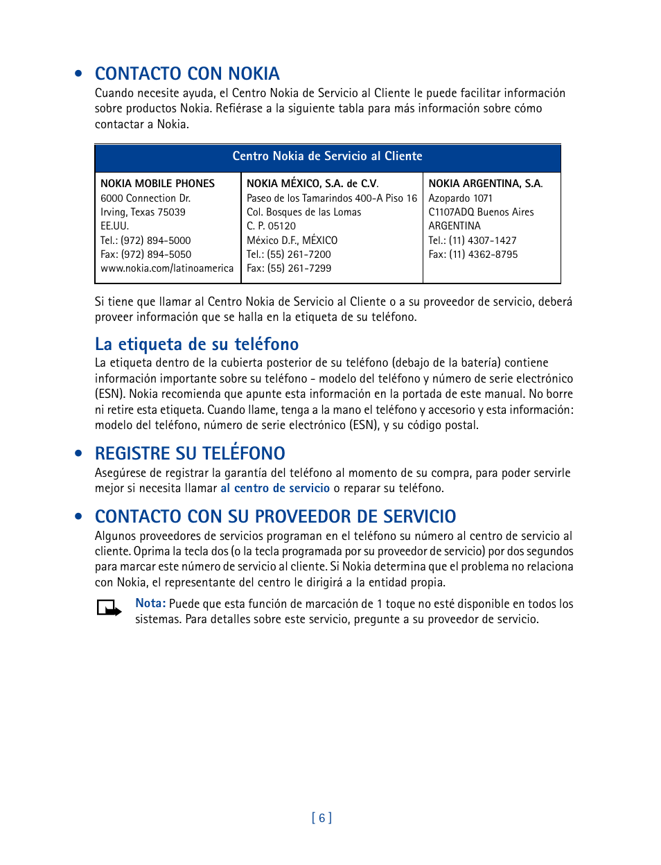 Contacto con nokia, Registre su teléfono, Contacto con su proveedor de servicio | La etiqueta de su teléfono | Nokia 3585 User Manual | Page 113 / 201