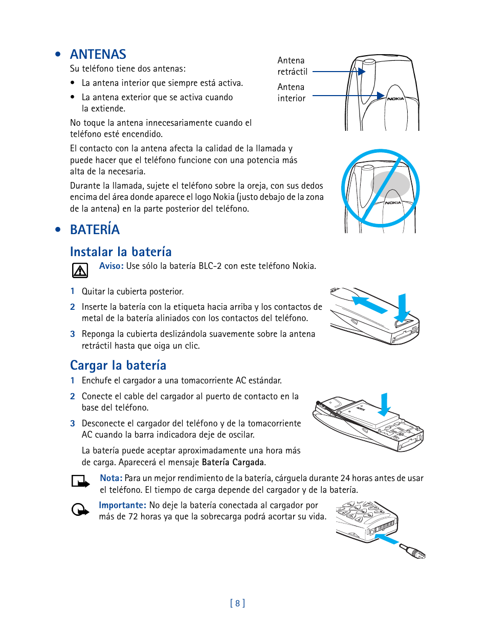 Antenas, Batería, Batería instalar la batería | Cargar la batería | Nokia 3585 User Manual | Page 115 / 201