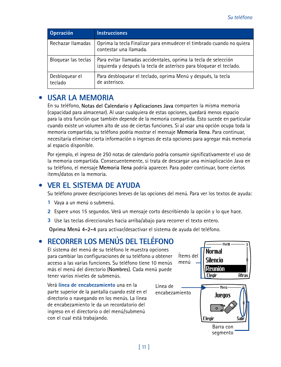 Usar la memoria, Ver el sistema de ayuda, Recorrer los menús del teléfono | Nokia 3585 User Manual | Page 118 / 201