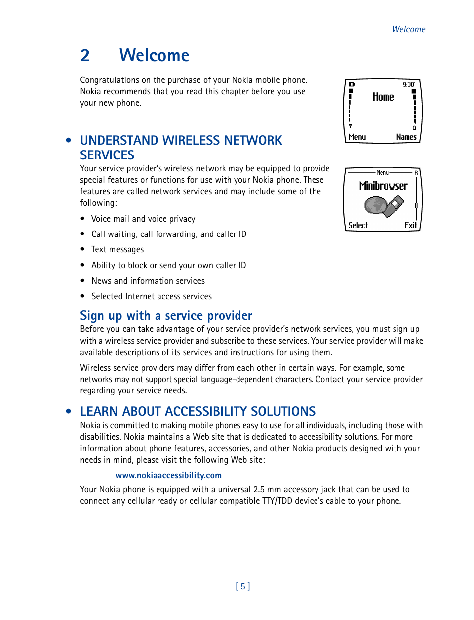 2 welcome, Understand wireless network services, Learn about accessibility solutions | Welcome, 2welcome, Sign up with a service provider | Nokia 3585 User Manual | Page 12 / 201