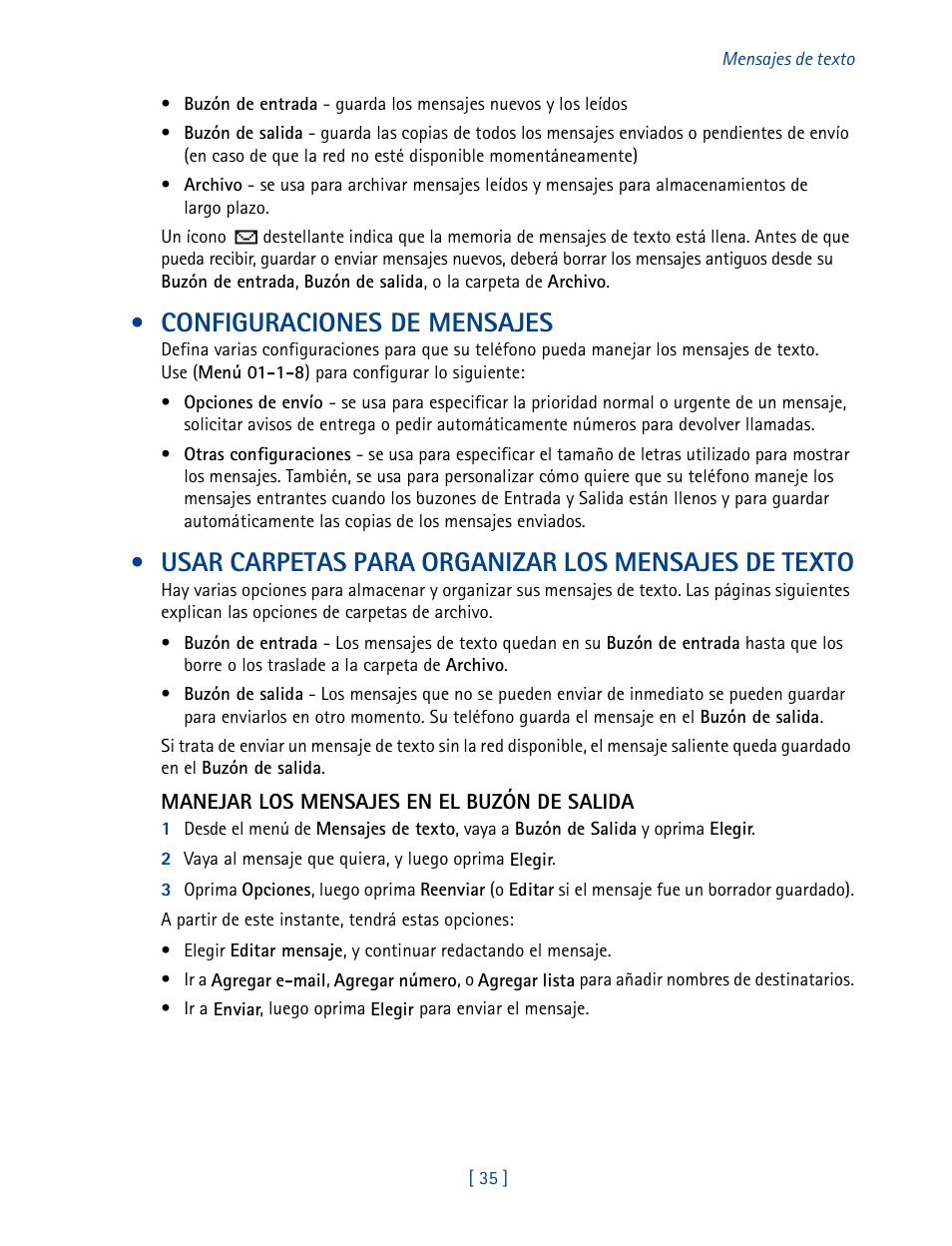 Configuraciones de mensajes, Usar carpetas para organizar los mensajes de texto | Nokia 3585 User Manual | Page 142 / 201