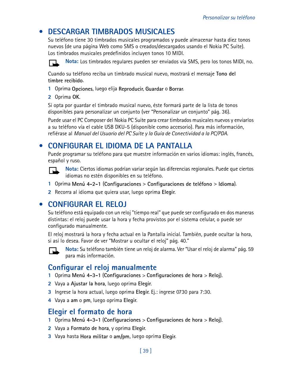 Descargar timbrados musicales, Configurar el idioma de la pantalla, Configurar el reloj | Configurar el reloj manualmente, Elegir el formato de hora | Nokia 3585 User Manual | Page 146 / 201