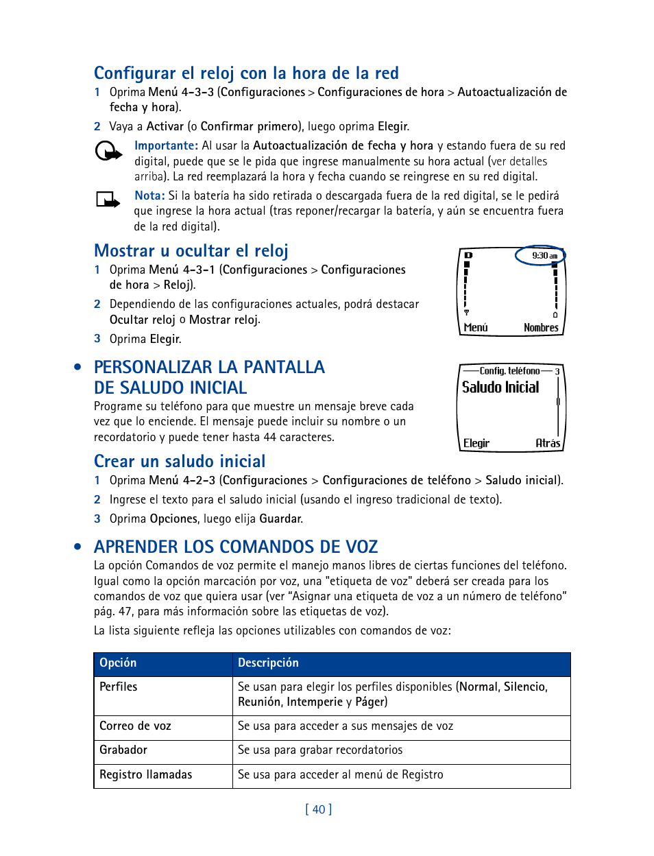 Personalizar la pantalla de saludo inicial, Aprender los comandos de voz, Configurar el reloj con la hora de la red | Mostrar u ocultar el reloj, Crear un saludo inicial | Nokia 3585 User Manual | Page 147 / 201