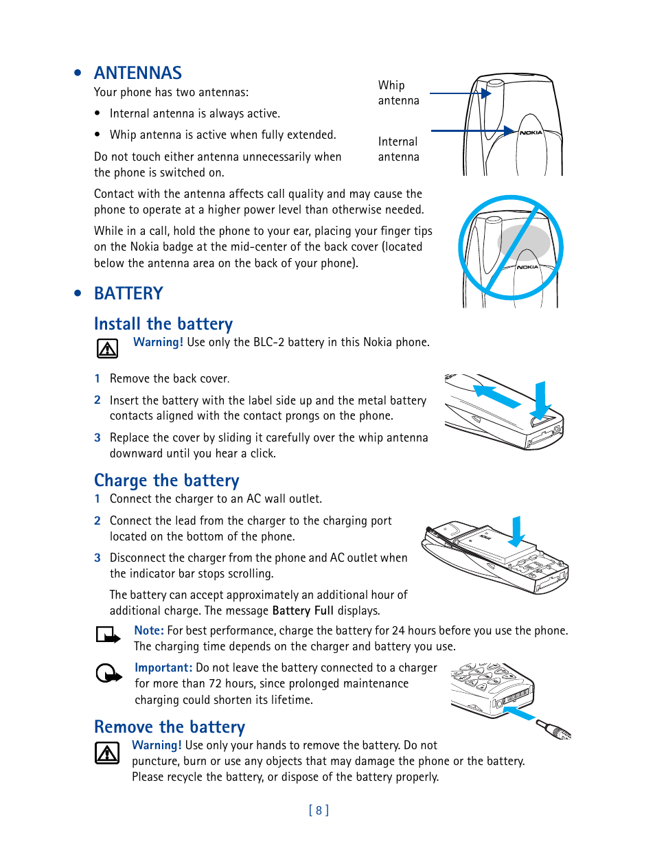 Antennas, Battery, Antennas battery | Battery install the battery, Charge the battery, Remove the battery | Nokia 3585 User Manual | Page 15 / 201