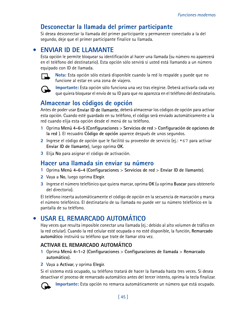 Enviar id de llamante, Usar el remarcado automático, Desconectar la llamada del primer participante | Almacenar los códigos de opción, Hacer una llamada sin enviar su número | Nokia 3585 User Manual | Page 152 / 201