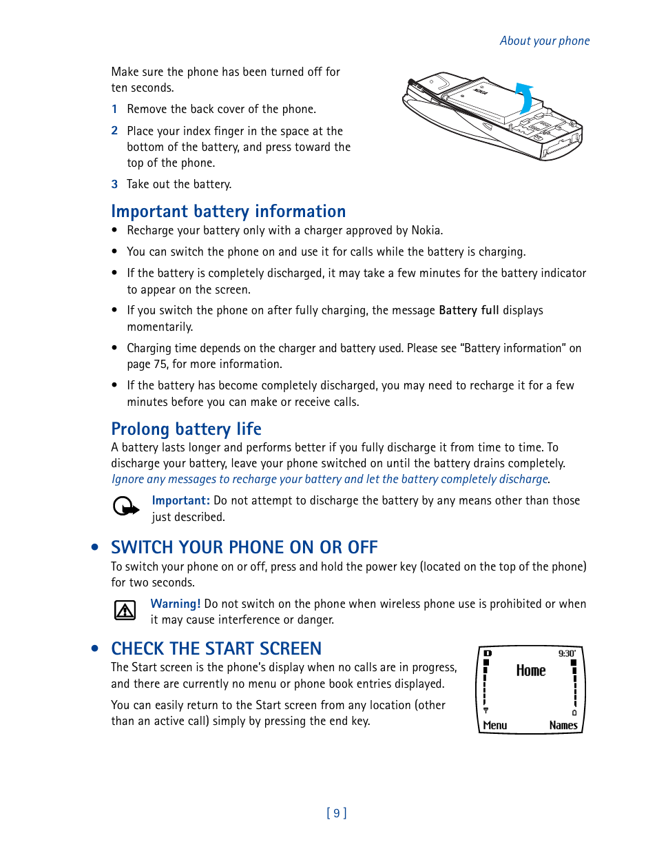 Switch your phone on or off, Check the start screen, Switch your phone on or off check the start screen | Important battery information, Prolong battery life | Nokia 3585 User Manual | Page 16 / 201