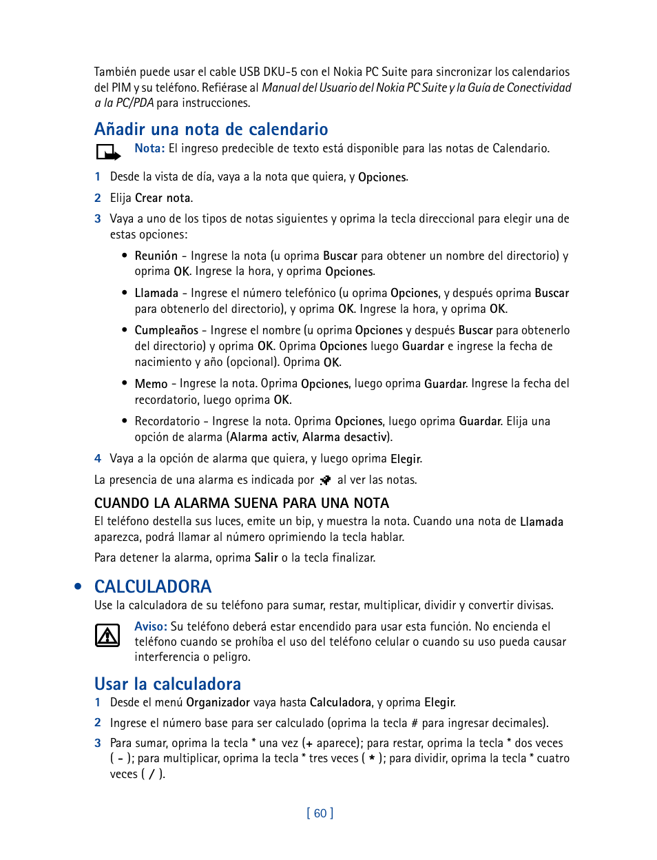 Calculadora, Añadir una nota de calendario, Usar la calculadora | Nokia 3585 User Manual | Page 167 / 201