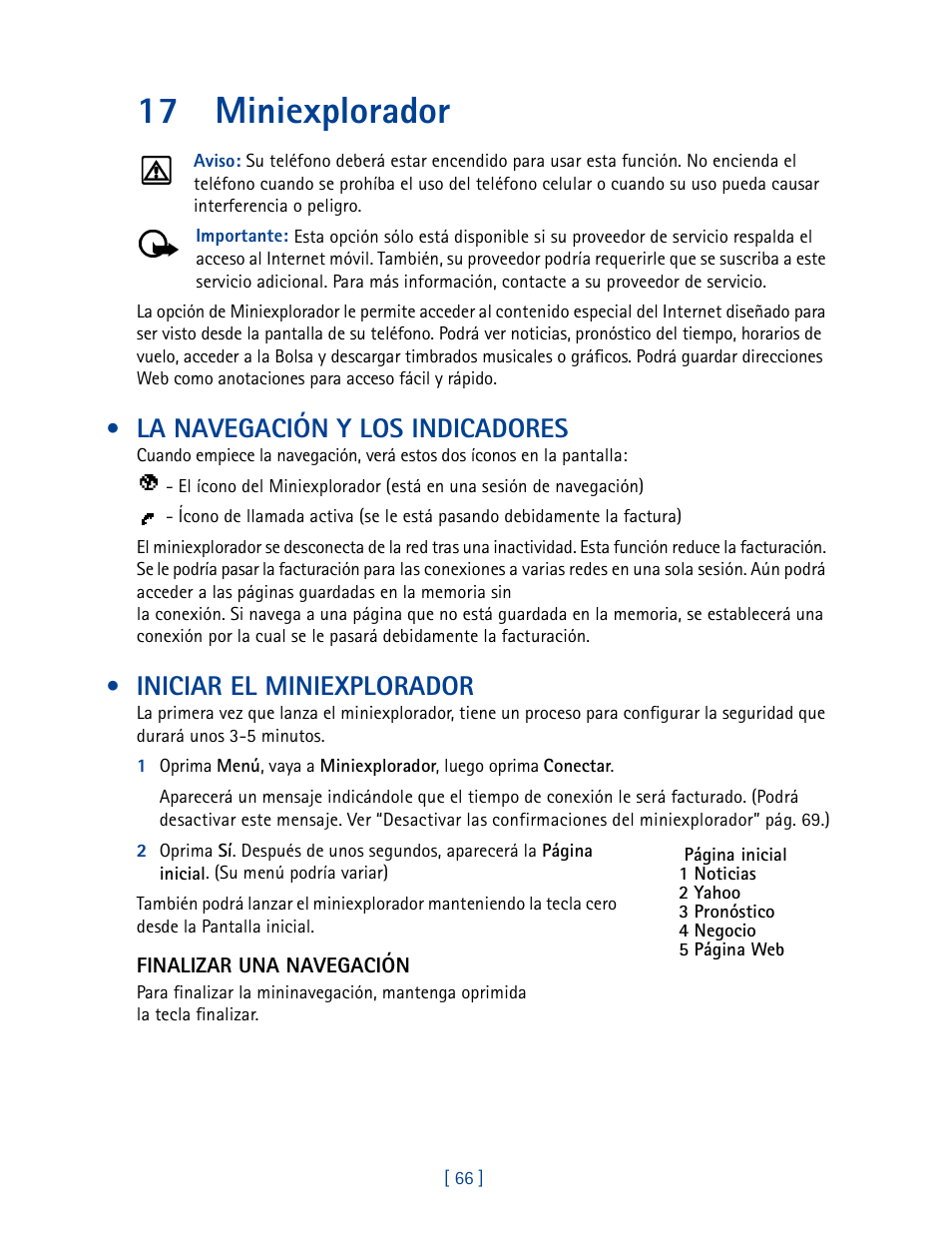 17 miniexplorador, La navegación y los indicadores, Iniciar el miniexplorador | Nokia 3585 User Manual | Page 173 / 201