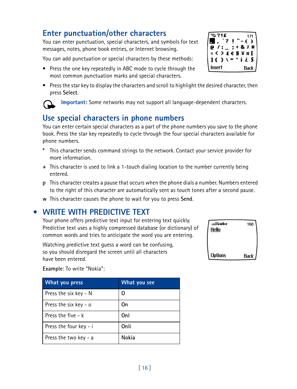 Write with predictive text, Enter punctuation/other characters, Use special characters in phone numbers | Nokia 3585 User Manual | Page 23 / 201