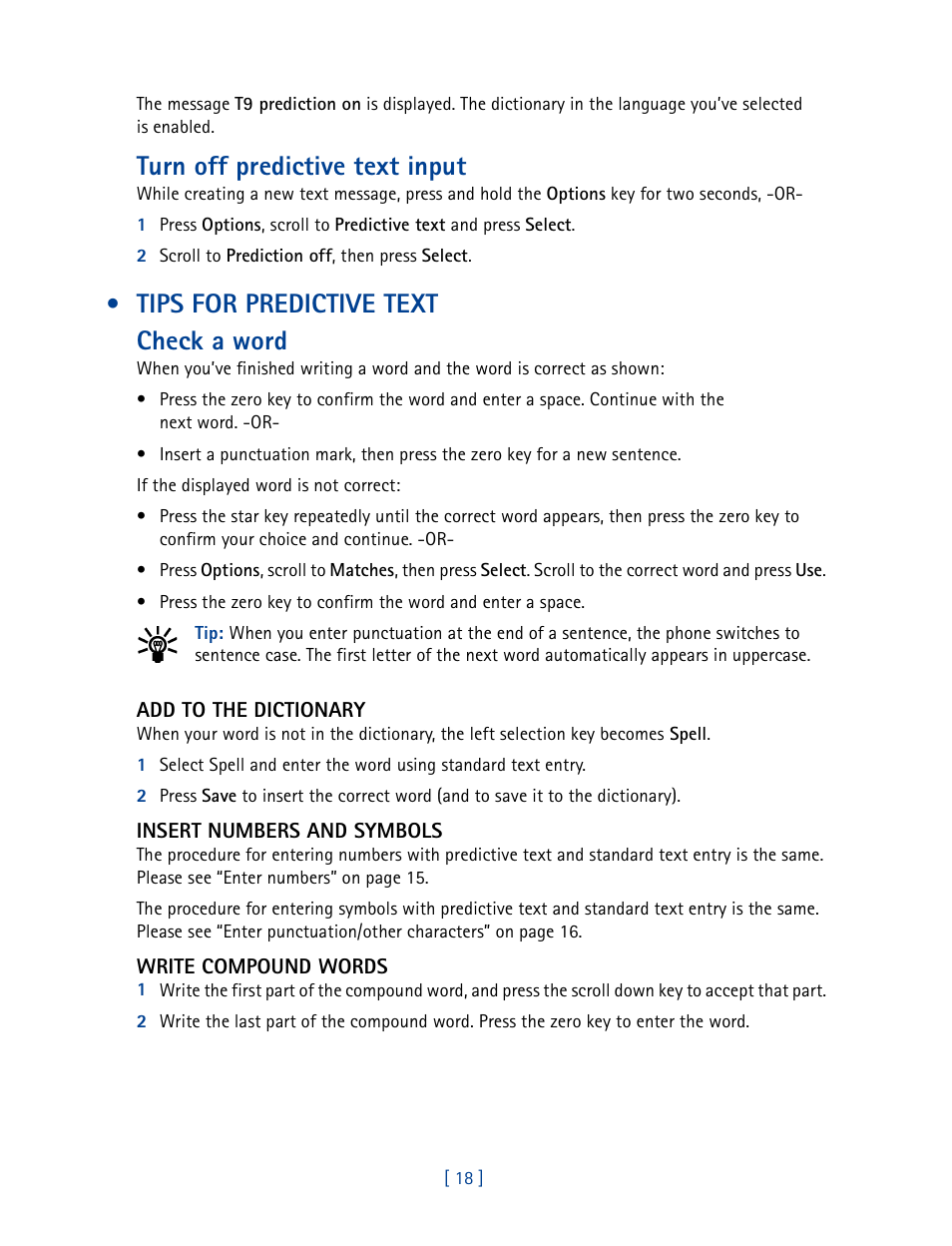 Tips for predictive text, Turn off predictive text input, Tips for predictive text check a word | Nokia 3585 User Manual | Page 25 / 201