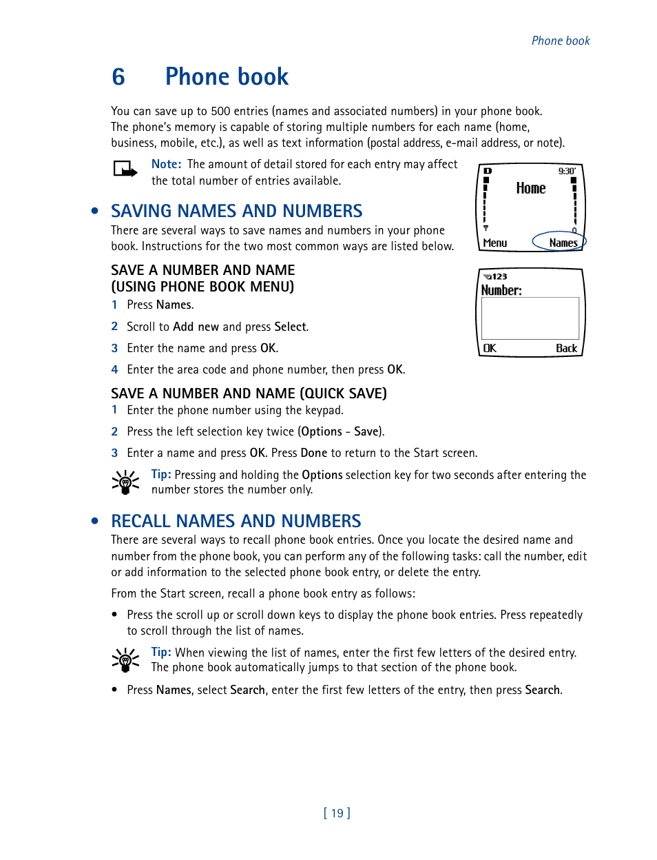 6 phone book, Saving names and numbers, Recall names and numbers | Phone book, Saving names and numbers recall names and numbers, 6phone book | Nokia 3585 User Manual | Page 26 / 201