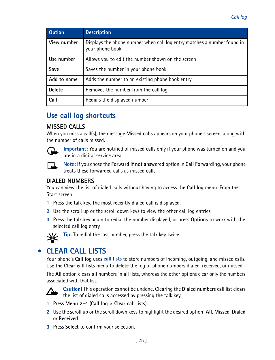 Clear call lists, Use call log shortcuts | Nokia 3585 User Manual | Page 32 / 201