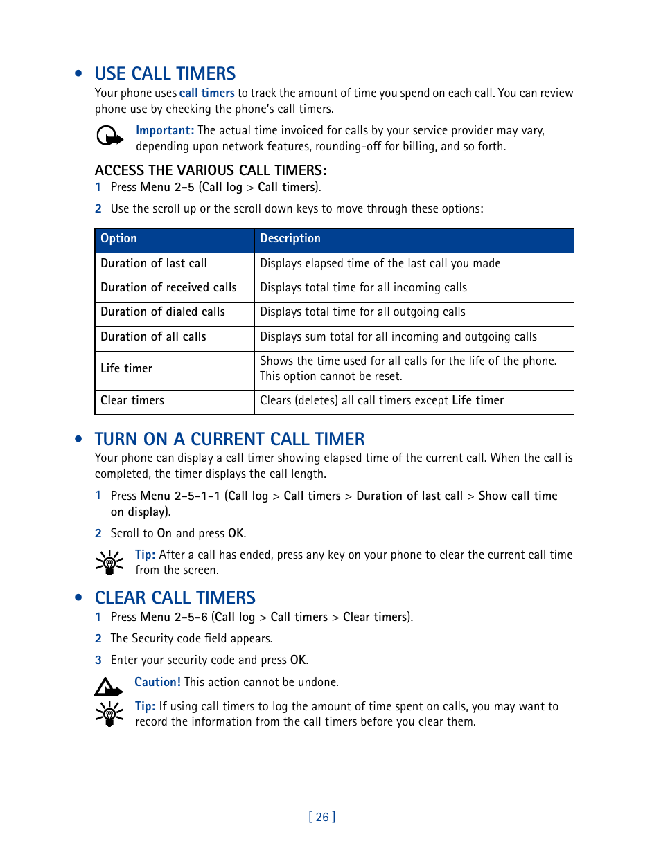 Use call timers, Turn on a current call timer, Clear call timers | Nokia 3585 User Manual | Page 33 / 201