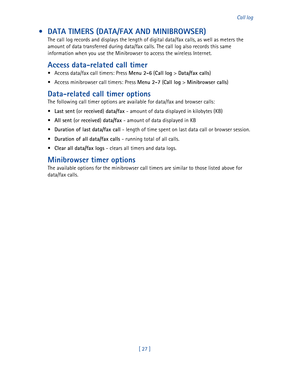 Data timers (data/fax and minibrowser), Access data-related call timer, Data-related call timer options | Minibrowser timer options | Nokia 3585 User Manual | Page 34 / 201