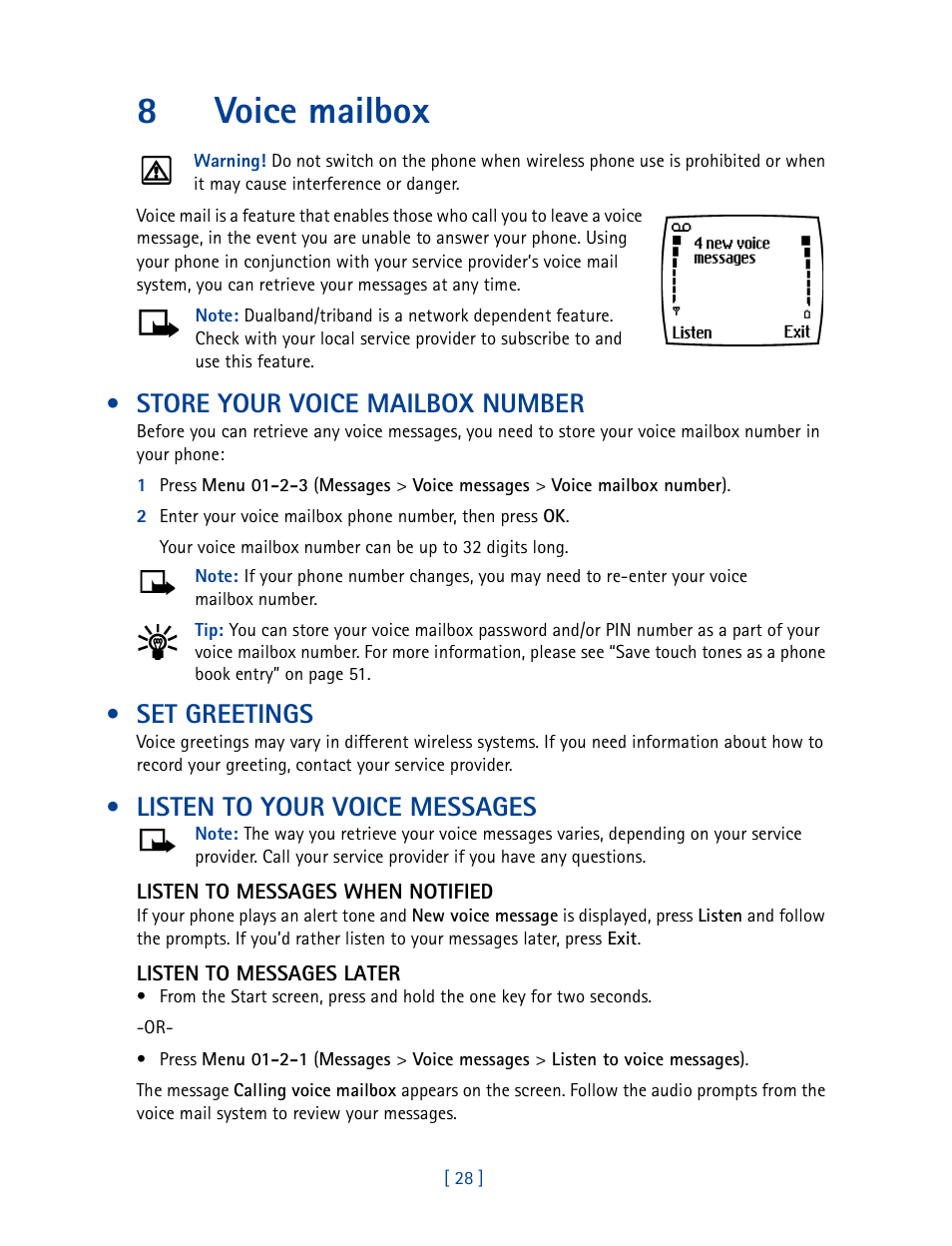 8 voice mailbox, Store your voice mailbox number, Set greetings | Listen to your voice messages, Voice mailbox, 8voice mailbox | Nokia 3585 User Manual | Page 35 / 201