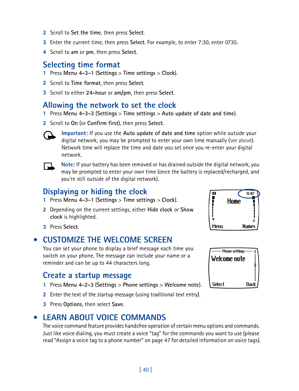 Customize the welcome screen, Learn about voice commands, Selecting time format | Allowing the network to set the clock, Displaying or hiding the clock, Create a startup message | Nokia 3585 User Manual | Page 47 / 201