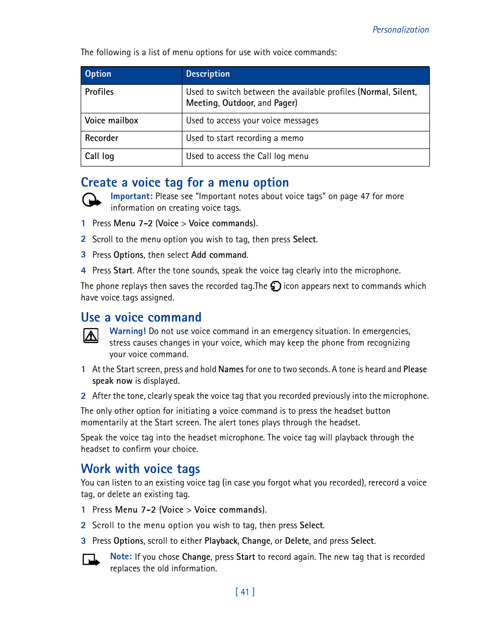 Create a voice tag for a menu option, Use a voice command, Work with voice tags | Nokia 3585 User Manual | Page 48 / 201