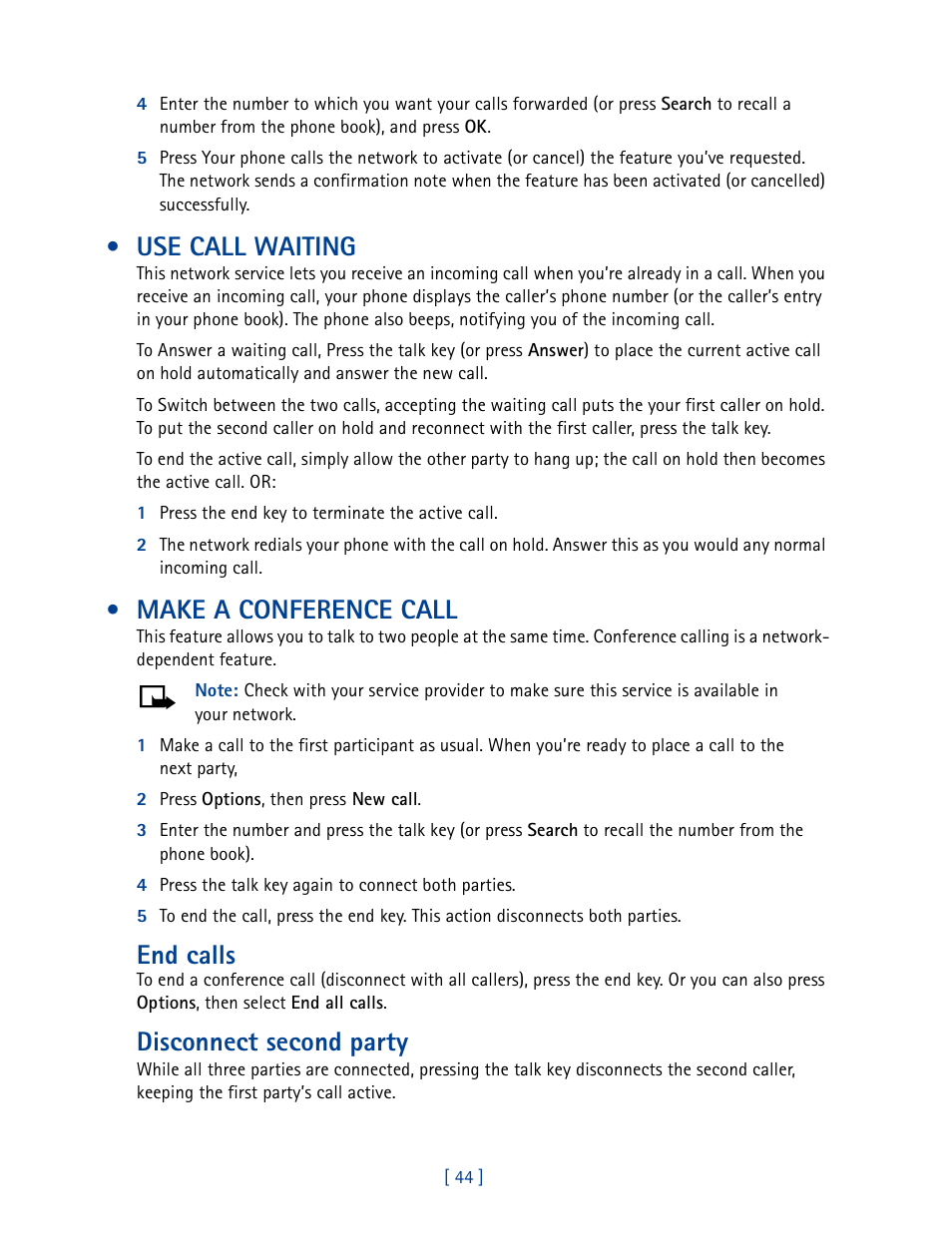 Use call waiting, Make a conference call, Use call waiting make a conference call | End calls, Disconnect second party | Nokia 3585 User Manual | Page 51 / 201