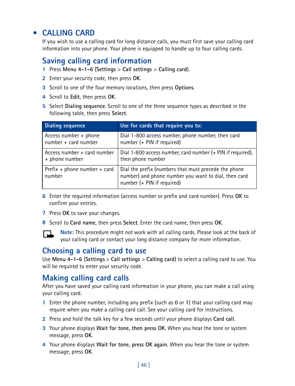 Calling card, Saving calling card information, Choosing a calling card to use | Making calling card calls | Nokia 3585 User Manual | Page 53 / 201