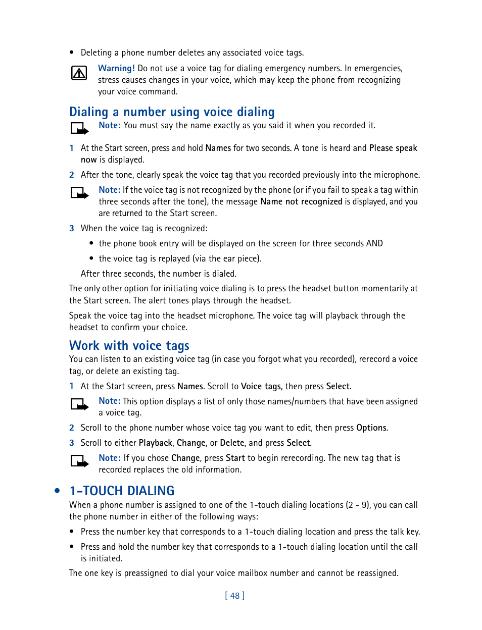 Touch dialing, Dialing a number using voice dialing, Work with voice tags | Nokia 3585 User Manual | Page 55 / 201