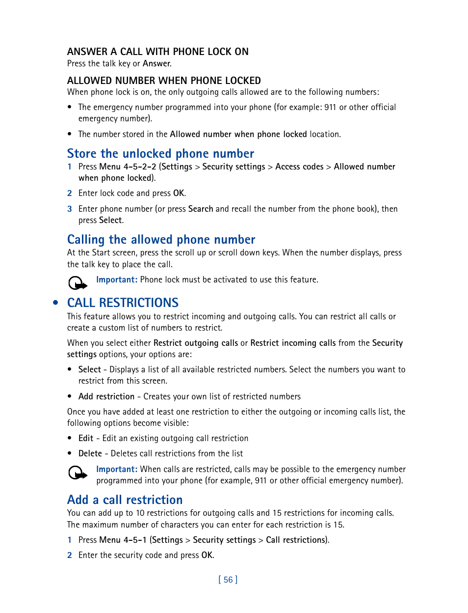 Call restrictions, Store the unlocked phone number, Calling the allowed phone number | Add a call restriction | Nokia 3585 User Manual | Page 63 / 201