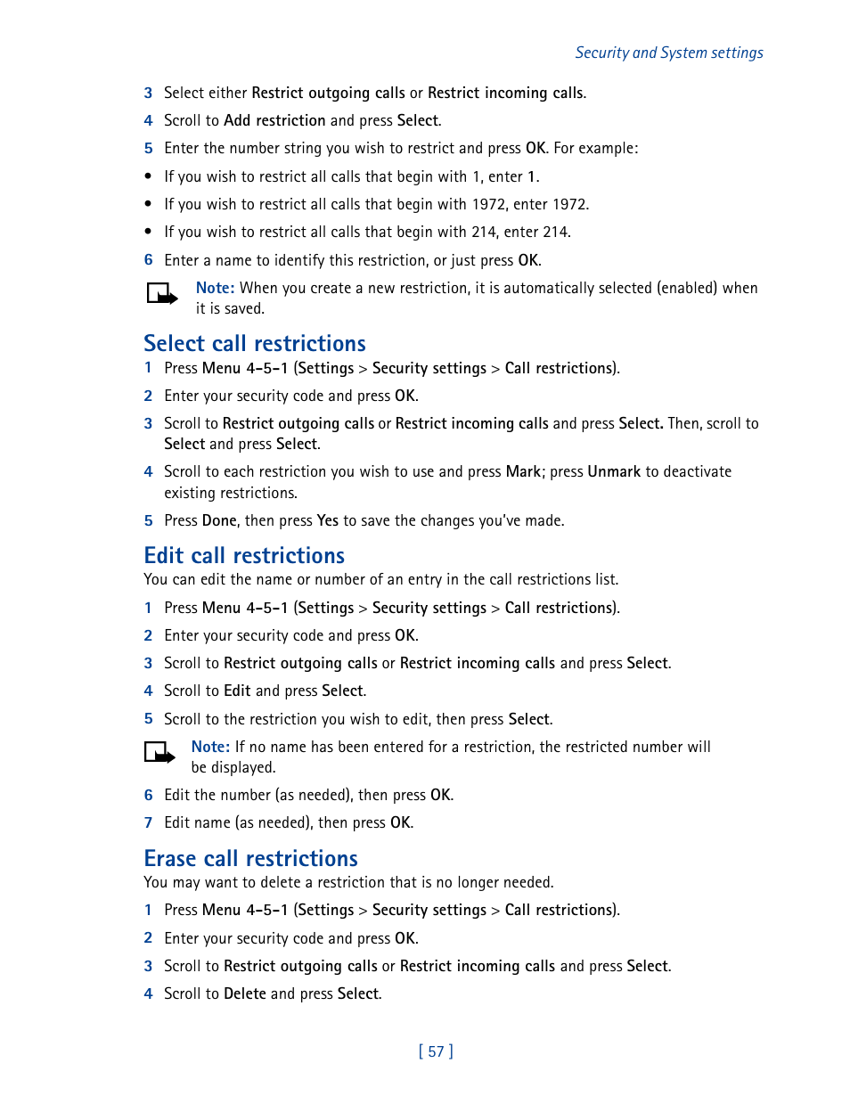 Select call restrictions, Edit call restrictions, Erase call restrictions | Nokia 3585 User Manual | Page 64 / 201