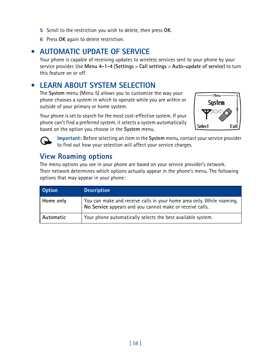 Automatic update of service, Learn about system selection, View roaming options | Nokia 3585 User Manual | Page 65 / 201