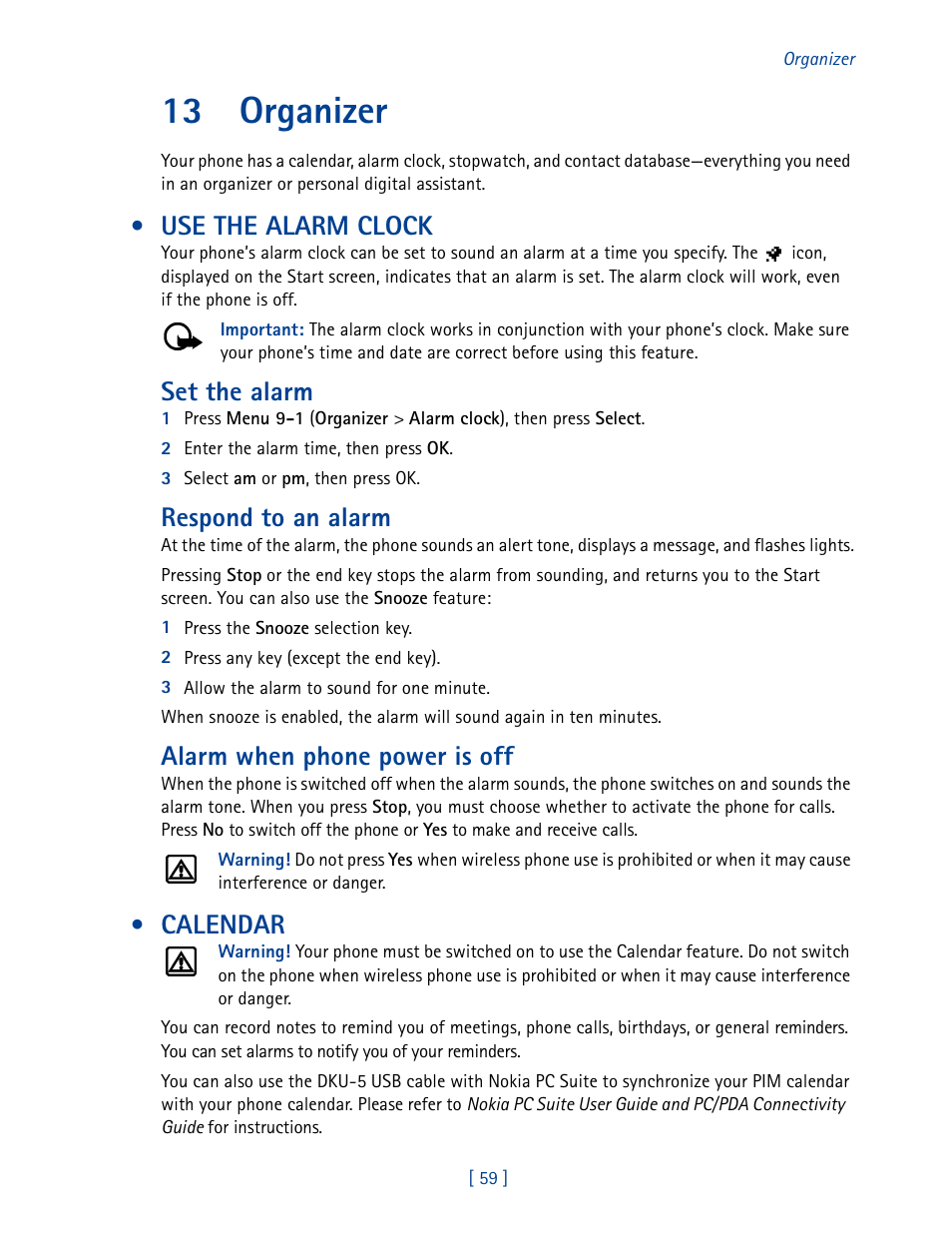 13 organizer, Use the alarm clock, Calendar | Organizer, Use the alarm clock calendar, Set the alarm, Respond to an alarm, Alarm when phone power is off | Nokia 3585 User Manual | Page 66 / 201