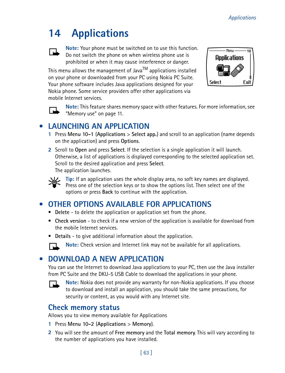 14 applications, Launching an application, Other options available for applications | Download a new application, Applications | Nokia 3585 User Manual | Page 70 / 201